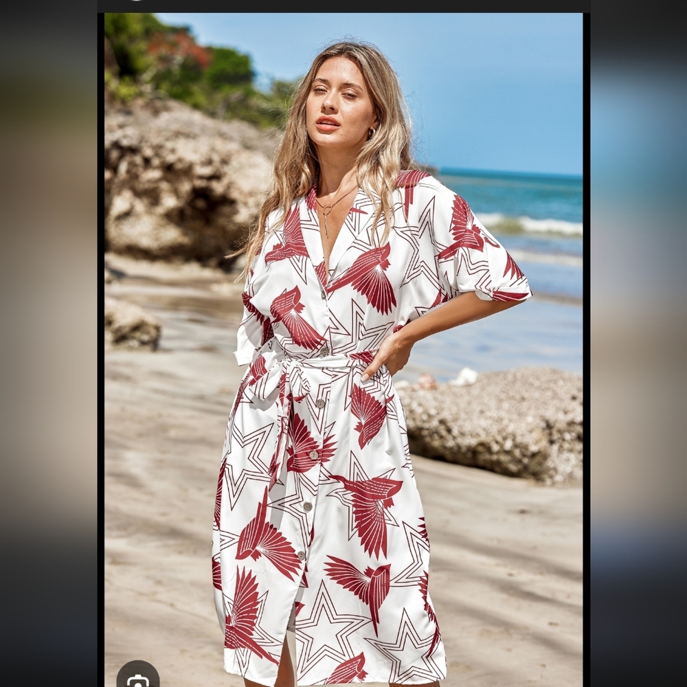 Cupshe White Maxi Dress with Red Star & Bird Print